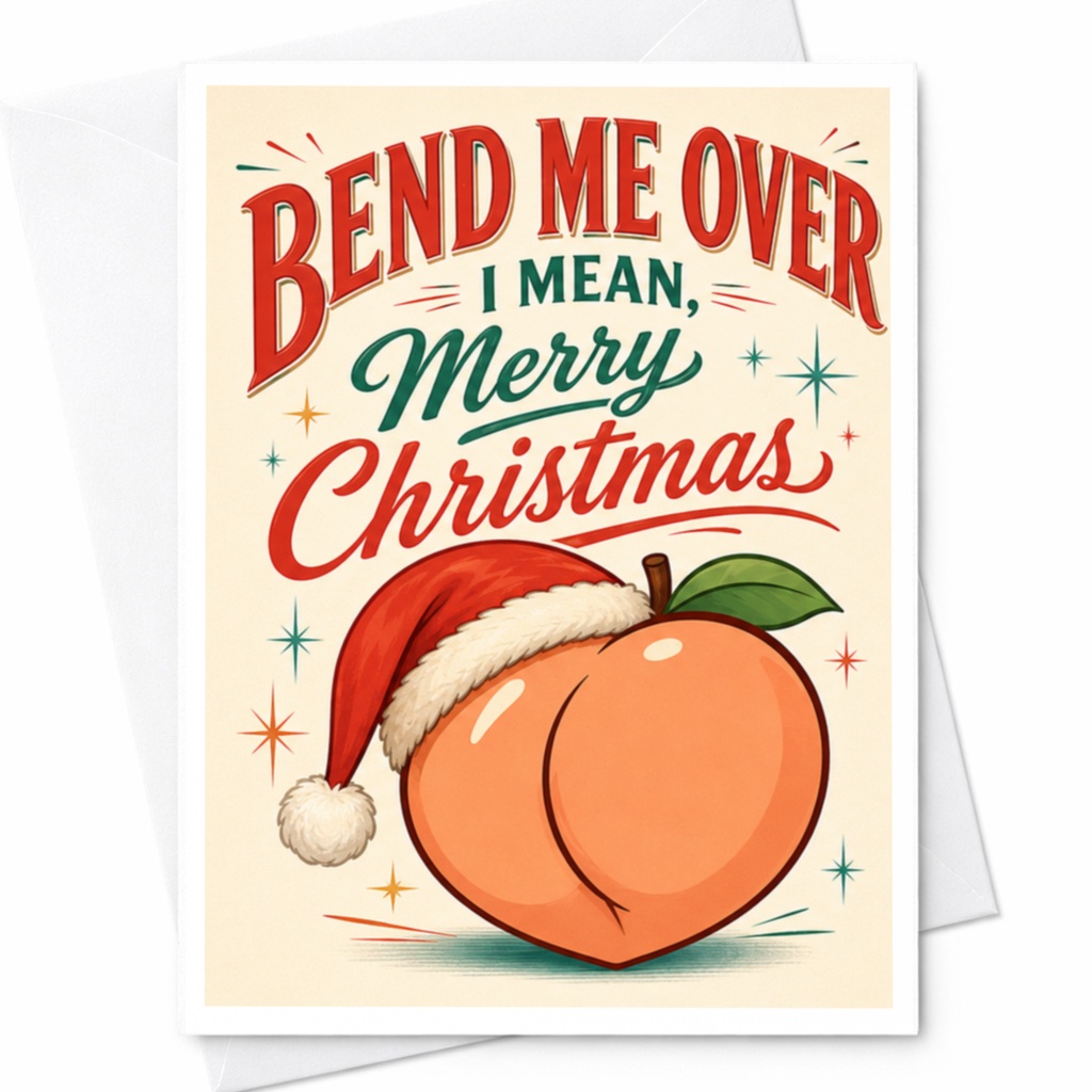 Bend Me Over I Mean, Merry Christmas Funny Christmas Card Peach Santa Hat Holiday Greeting Card For Friends C5742