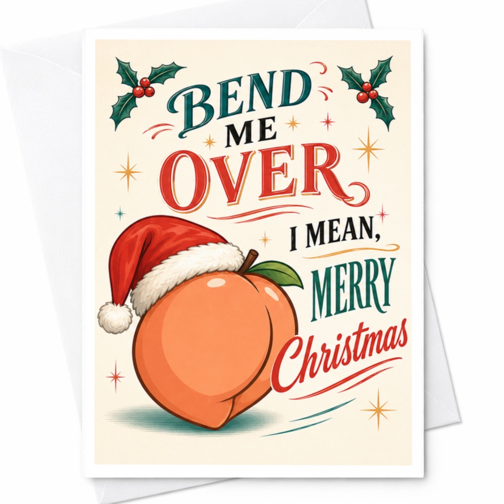 Bend Me Over I Mean, Merry Christmas Funny Christmas Card Peach Santa Hat Holiday Card For Friends C5743