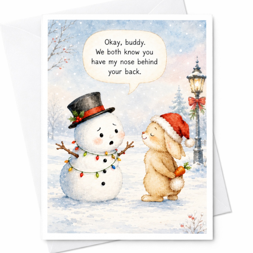 Okay, Buddy. We Both Know You Have My Nose Behind Your Back Funny Christmas Card Cute Snowman Bunny Holiday Card C5751