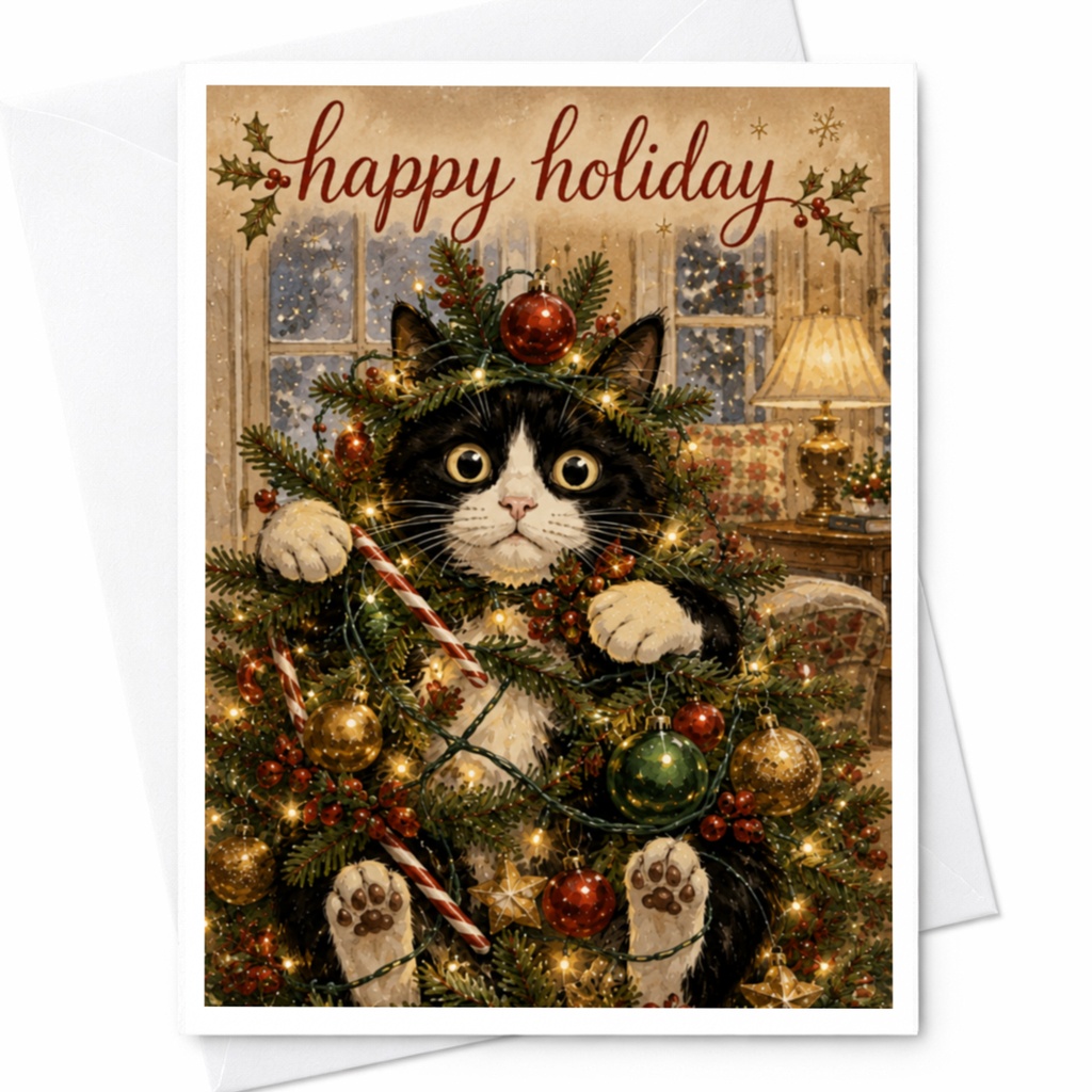 Happy Holiday Cat Christmas Card Cute Festive Greeting Card For Cat Lovers Funny Holiday Card With Cat In Tree C5755