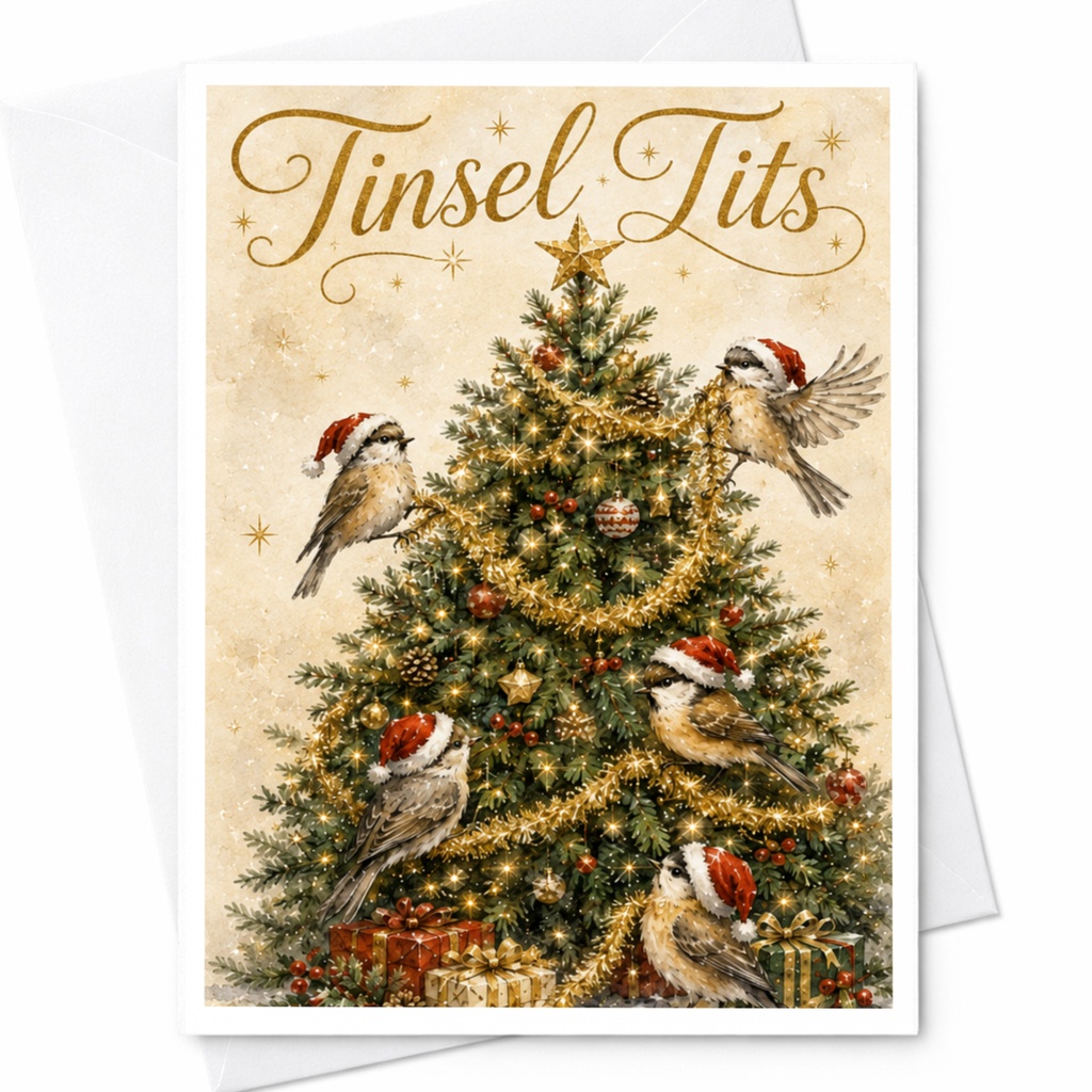 Tinsel Tits Funny Christmas Card Birds On Tree Holiday Greeting Card For Bird Lover Cute Festive Card With Santa Hats C5764