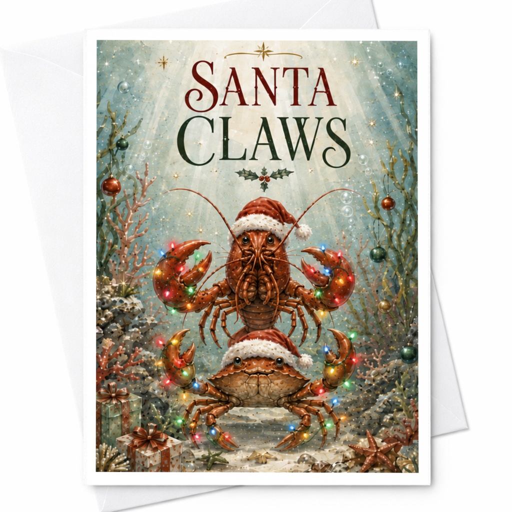 Santa Claws Funny Christmas Card Lobster Crab Holiday Santa Hat Festive Lights Cute Sea Life Greeting Card C5765