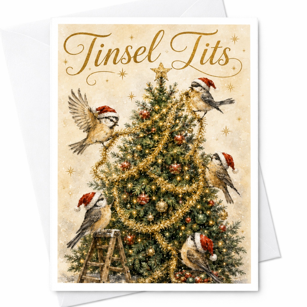 Tinsel Tits Funny Christmas Card Birds Decorating Tree Holiday Cute Festive Greeting Card For Friends Family C5780