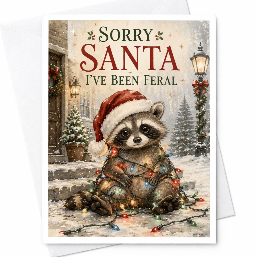 Sorry Santa I've Been Feral Funny Christmas Card Cute Raccoon Holiday Greeting Card Animal Lover Festive Card C5781