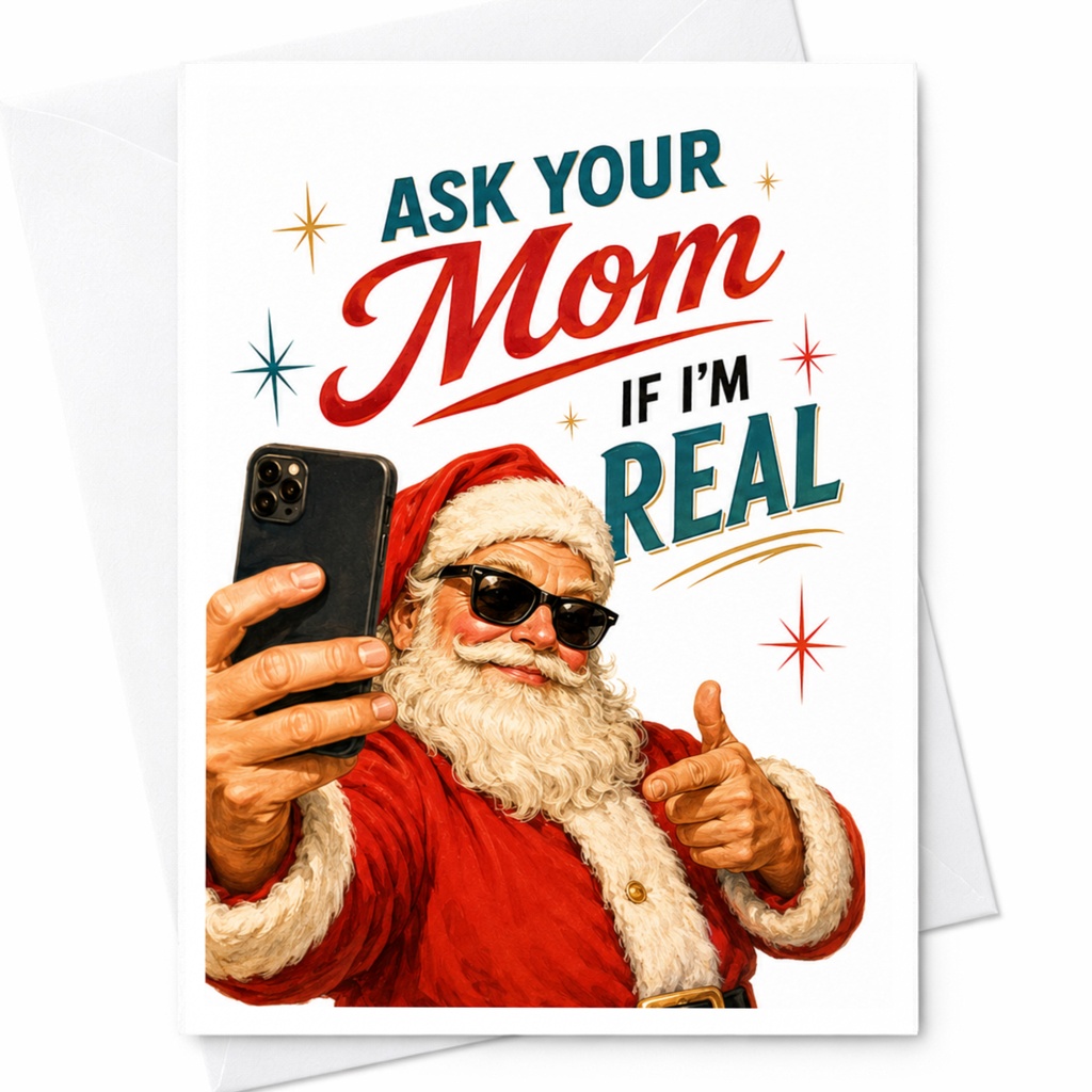 Ask Your Mom If I'm Real Funny Christmas Card Santa Selfie Holiday Card For Mom Dad Family Cute Xmas Card C5784