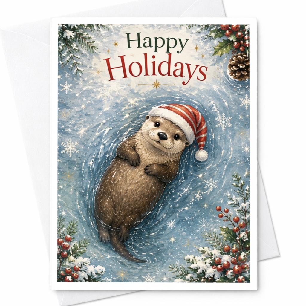 Happy Holidays Christmas Card Cute Otter In Santa Hat Festive Holiday Greeting Card For Animal Lover Winter Scene C5786