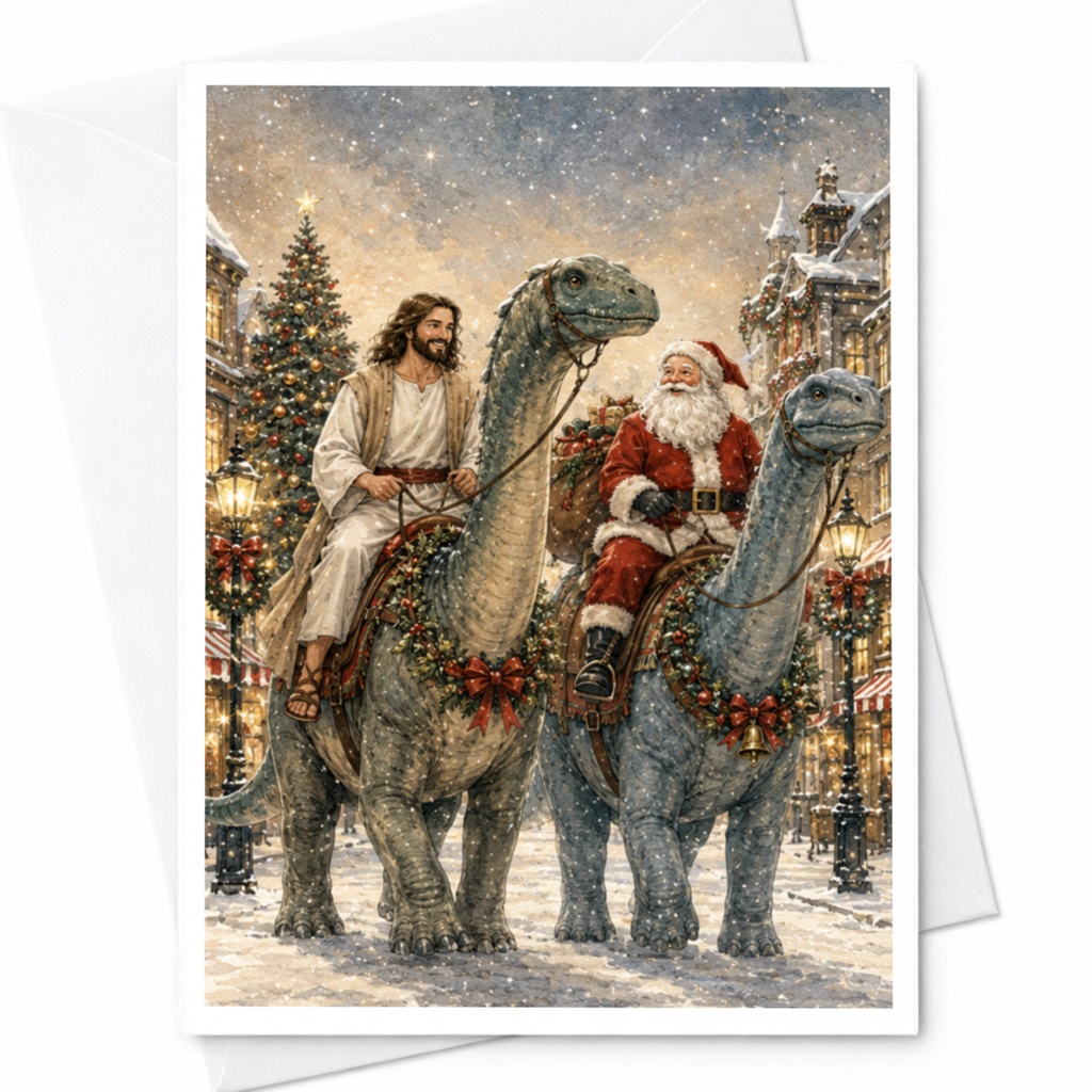 Santa And Jesus Dinosaur Christmas Card Funny Holiday Greeting Card Unique Festive For Him Her Family Friends C5787