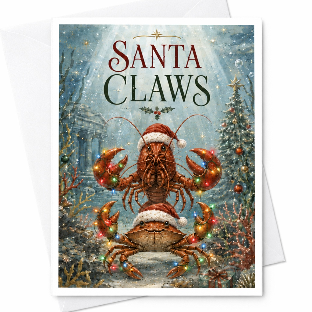 Santa Claws Funny Christmas Card Lobster Crab Holiday Festive Greeting Card For Seafood Lover Cute Xmas Card C5789