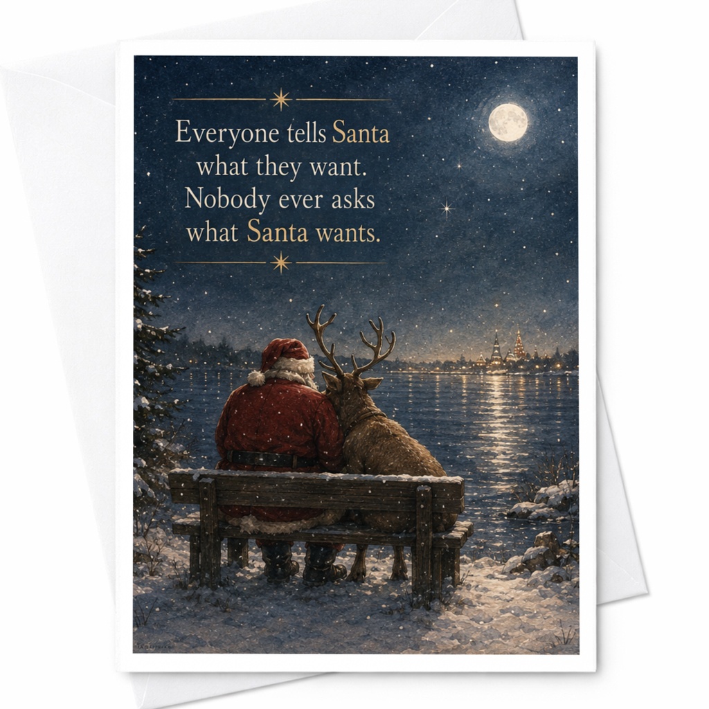 Everyone Tells Santa What They Want Christmas Card Santa And Reindeer Holiday Greeting Card Festive Winter Scene C5794
