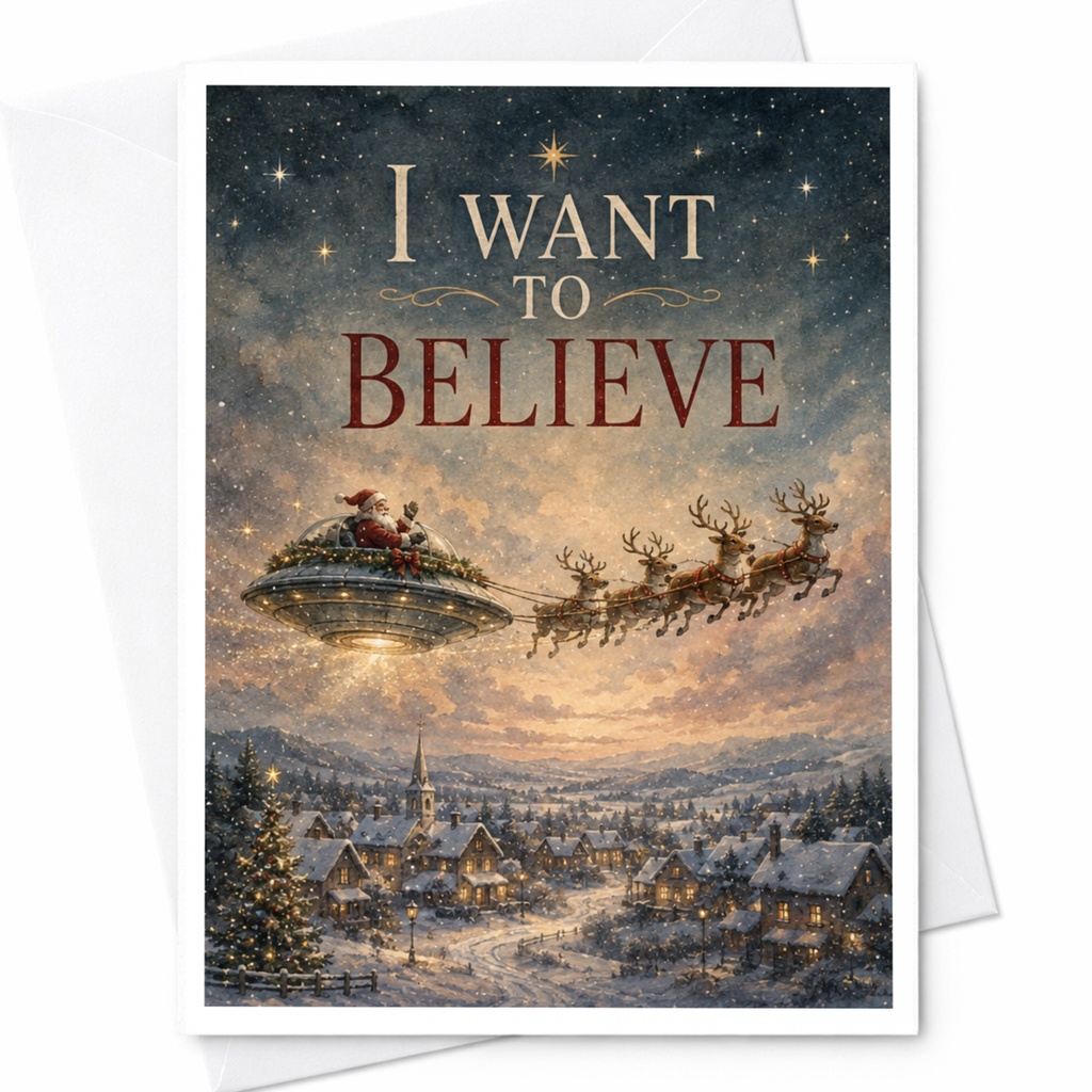 I Want To Believe Funny Christmas Card Santa Ufo Reindeer Holiday Card Unique Festive Greeting Card For Him Her C5800