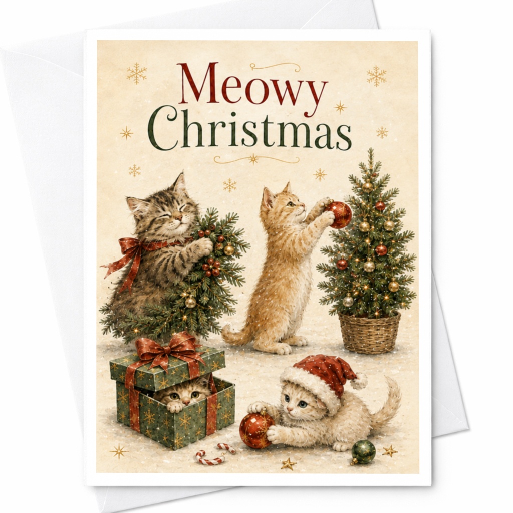 Meowy Christmas Cute Cat Christmas Card Adorable Kittens Holiday Greeting Card For Cat Lover Festive Feline Xmas Card C5802