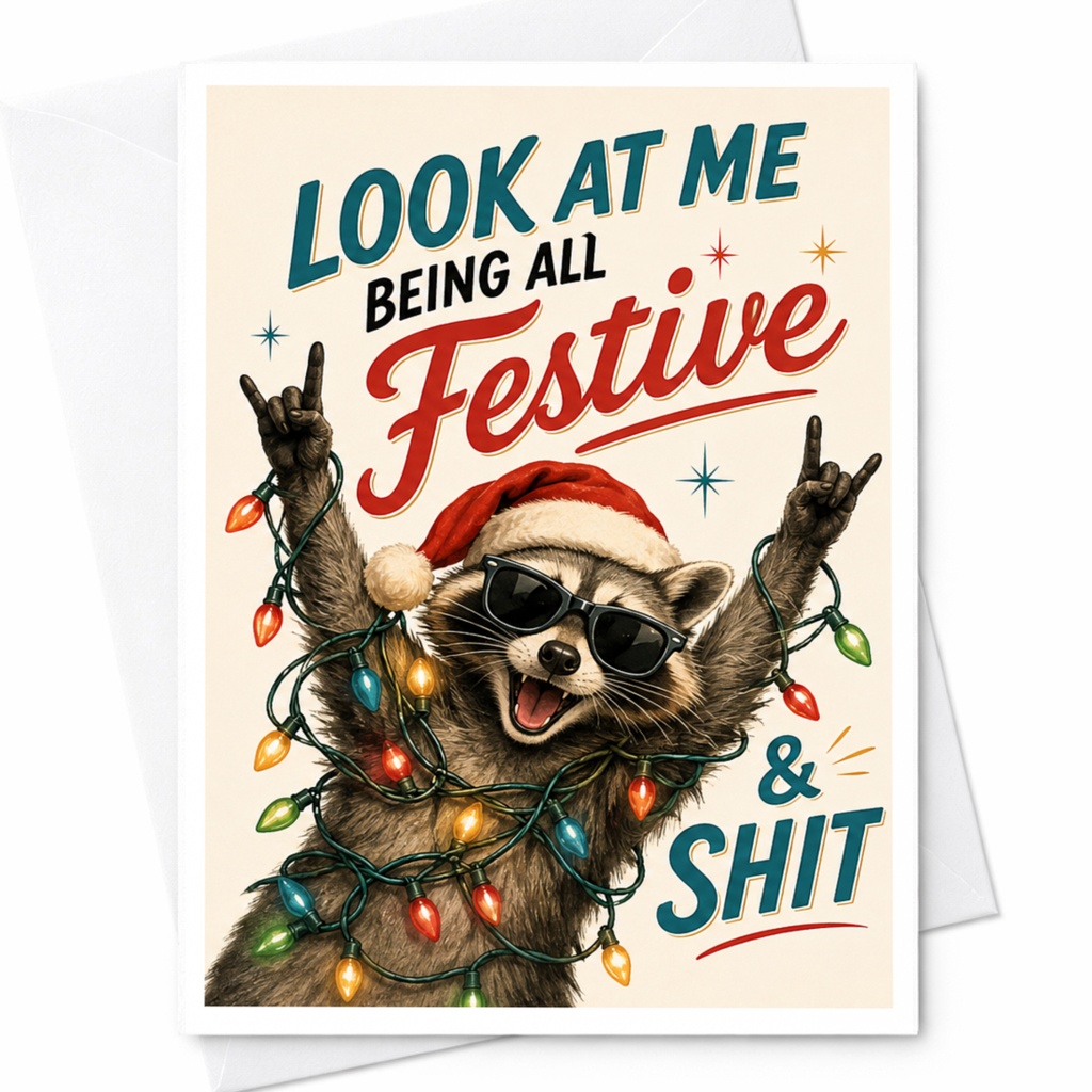 Look At Me Being All Festive & Shit Funny Christmas Card Raccoon Holiday Greeting Card For Friends Cute Animal C5804