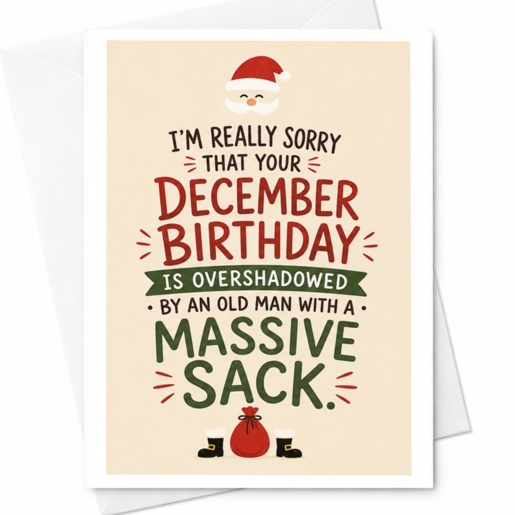 I'm Really Sorry That Your December Birthday Is Overshadowed By An Old Man With A Massive Sack Funny Christmas Birthday Card C5808
