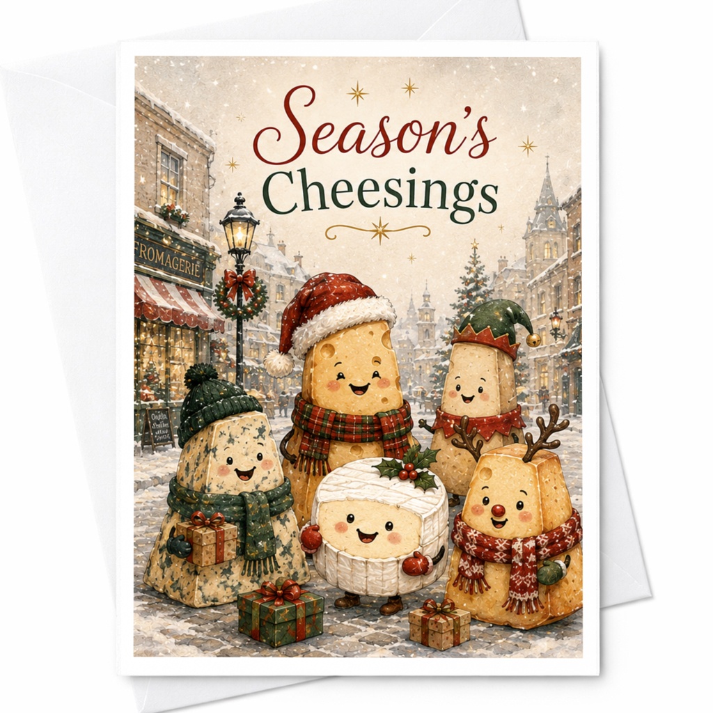 Season's Cheesings Funny Christmas Card Cute Cheese Characters Holiday Greeting Card For Cheese Lover Festive Winter Scene C5809