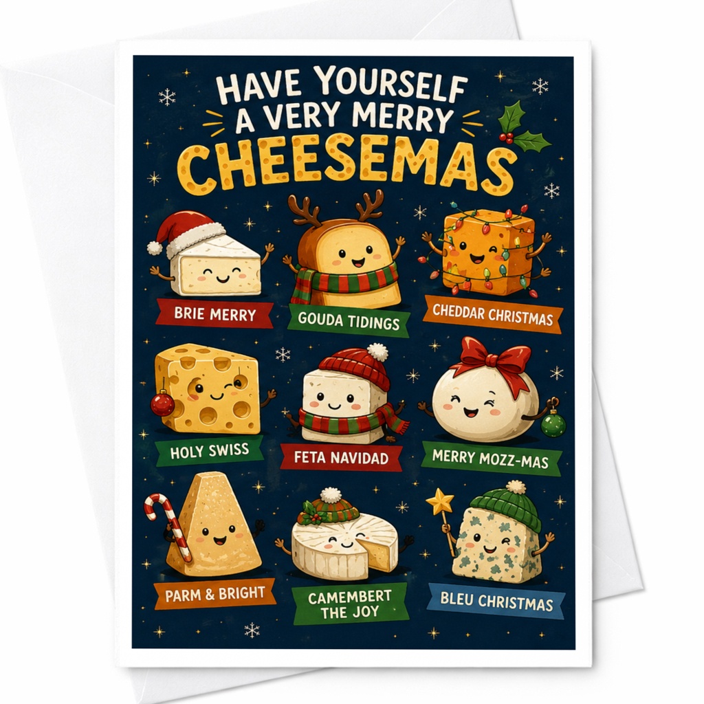 Have Yourself A Very Merry Cheesemas Funny Christmas Card Cute Cheese Characters Holiday Greeting For Cheese Lovers C5812