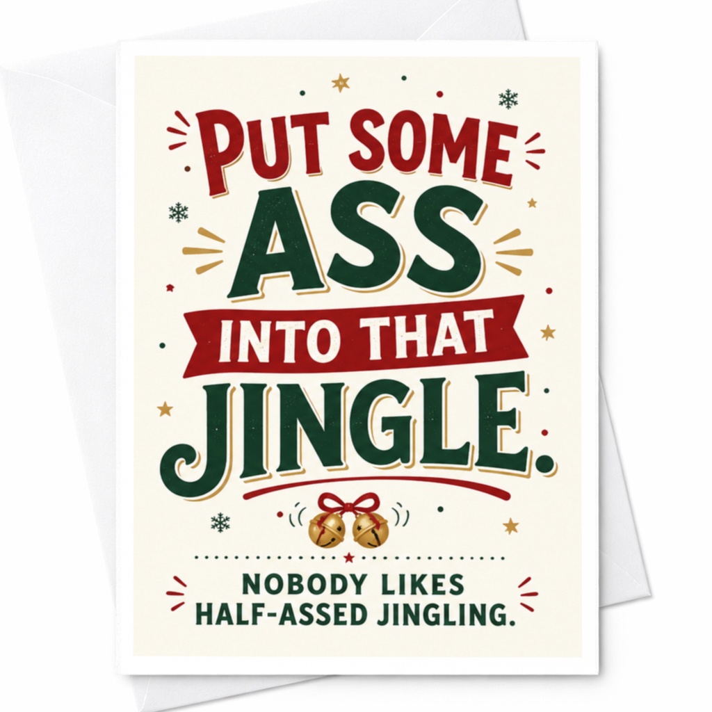 Put Some Ass Into That Jingle Funny Christmas Card Nobody Likes Half-Assed Jingling Holiday Greeting Card C5814