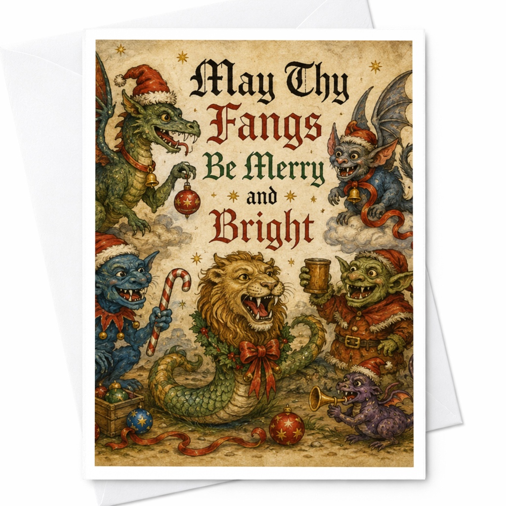 May Thy Fangs Be Merry And Bright Christmas Card Funny Holiday Greeting Card Vintage Style Mythical Creatures Xmas Card C5815