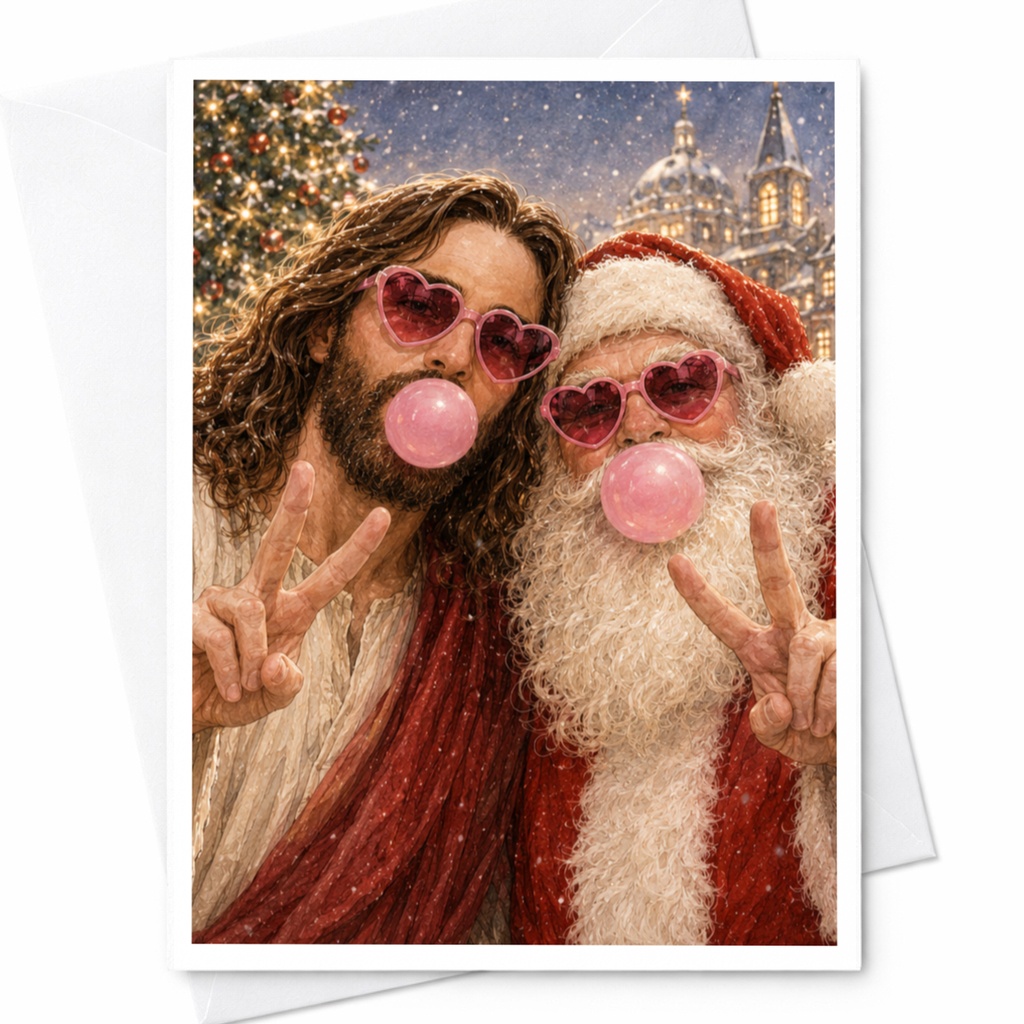 Santa And Jesus Heart Sunglasses Christmas Card Funny Holiday Greeting Card For Friends Unique Festive Card C5817