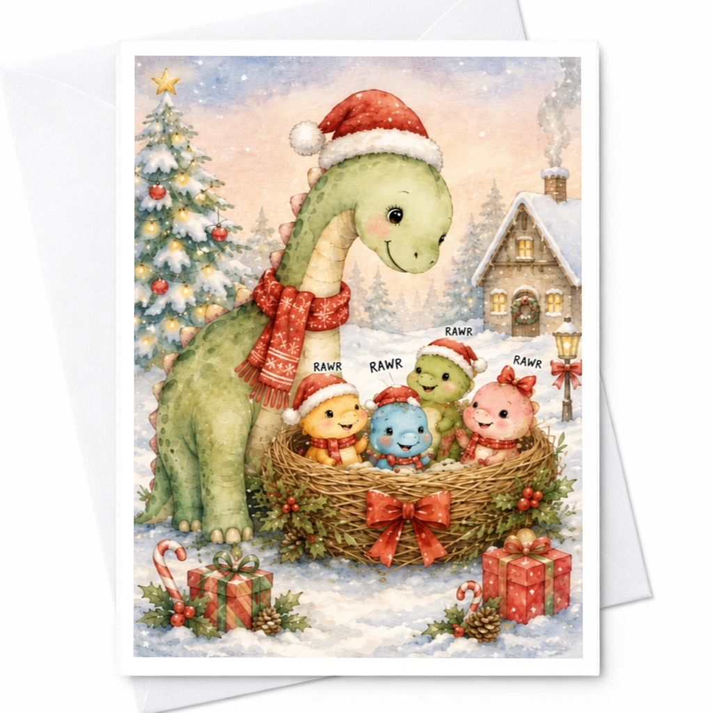 Rawr Dinosaur Family Christmas Card Cute Holiday Greeting Card For Kids Adorable Dino Winter Scene Festive Xmas Card C5819