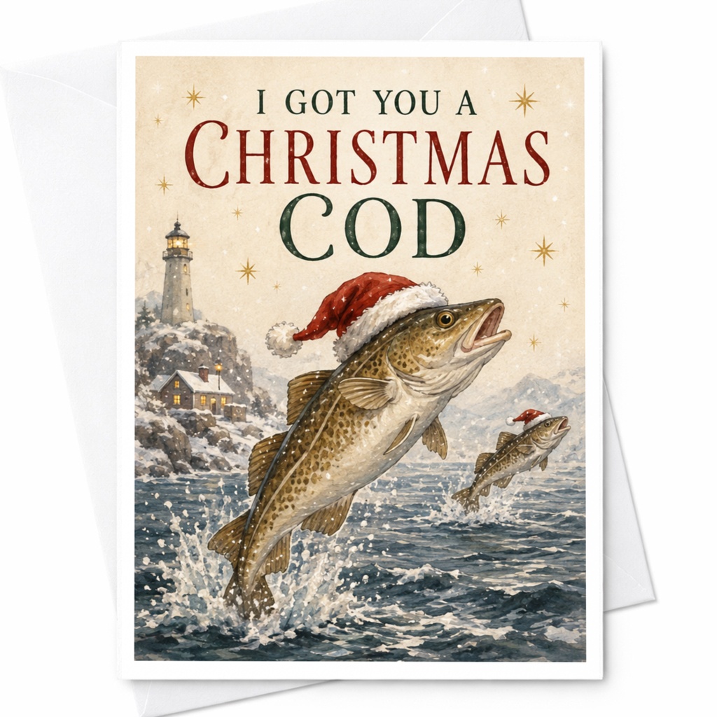I Got You A Christmas Cod Funny Christmas Card Fish With Santa Hats Holiday Greeting Card For Him Her Cute Animal Card C5821