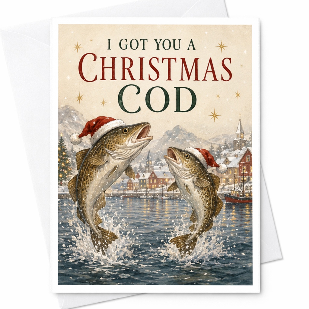 I Got You A Christmas Cod Funny Christmas Card Fish Lovers Holiday Greeting Card Cute Santa Hat For Him Her C5822