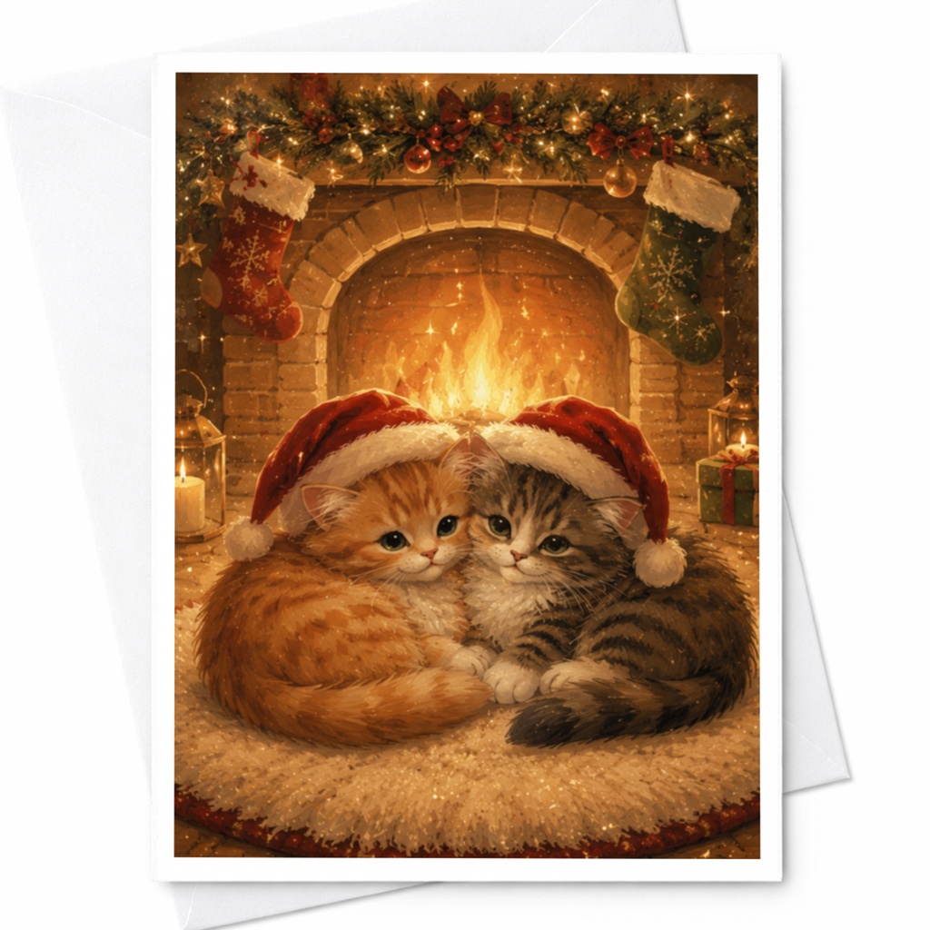 Cute Kittens Christmas Card Cozy Fireplace Scene Holiday Greeting Card For Cat Lovers Adorable Festive Cats With Santa Hats C5823