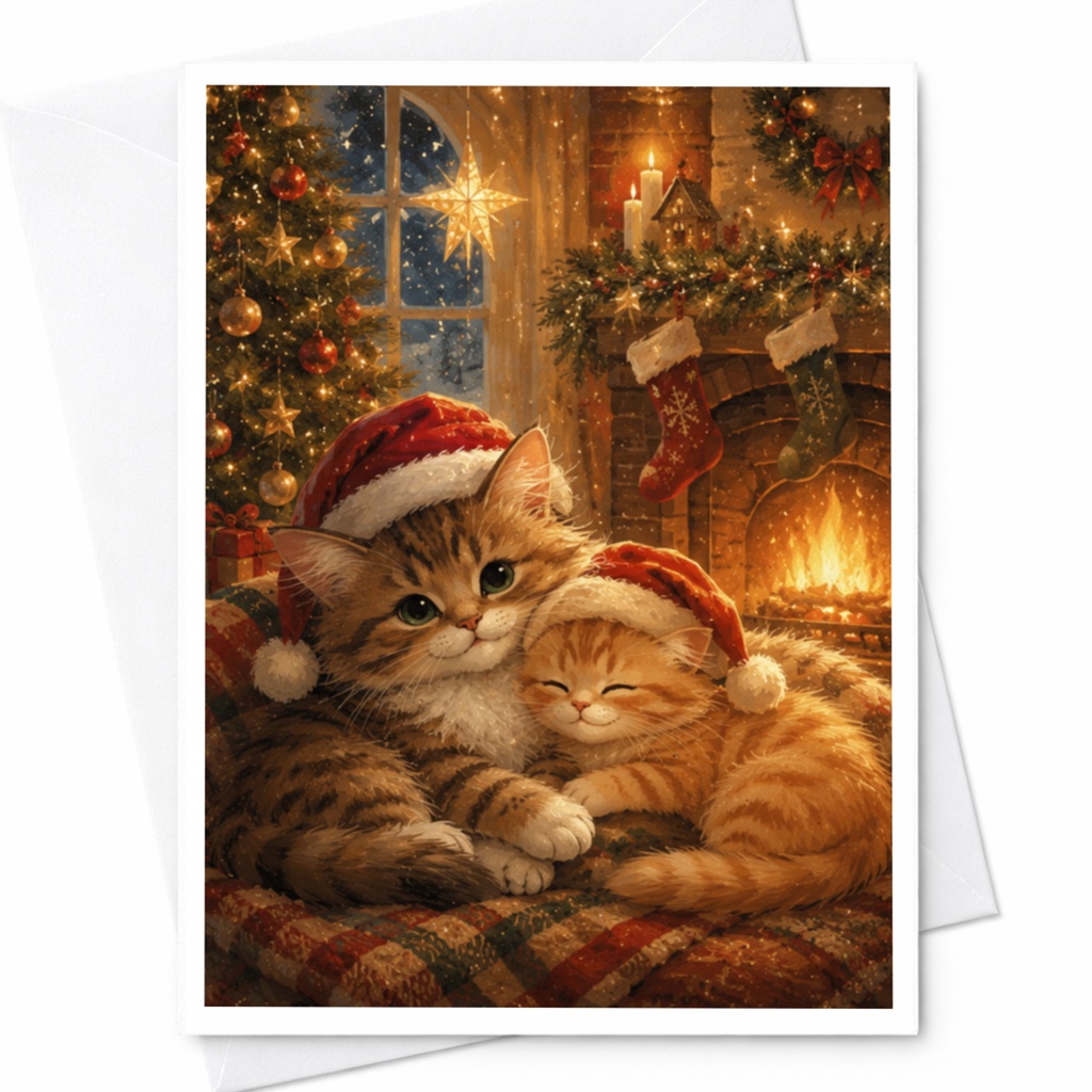 Cute Cat Christmas Card Cozy Holiday Greeting Card For Cat Lover Festive Cats By Fireplace Adorable Santa Hat Kittens C5824