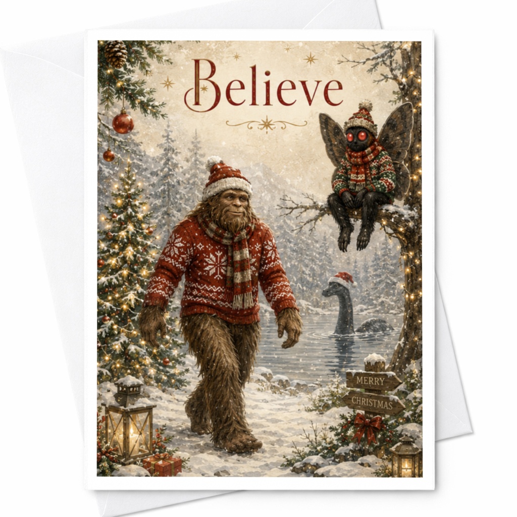 Believe Christmas Card Bigfoot Mothman Holiday Greeting Card Funny Mythical Creatures Winter Scene Festive Sweater Xmas Card C5825