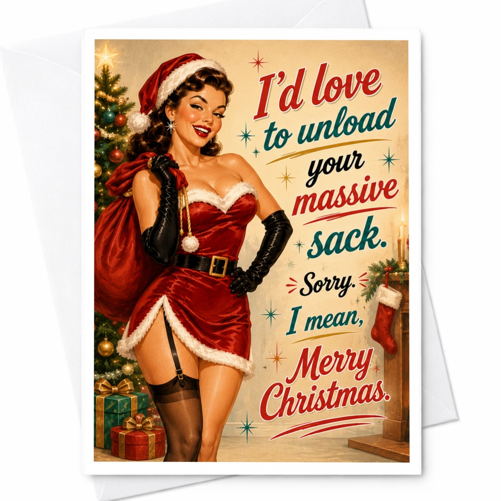 I'd Love To Unload Your Massive Sack Merry Christmas Card Funny Pin-Up Style Holiday Greeting Card For Him Her C5829