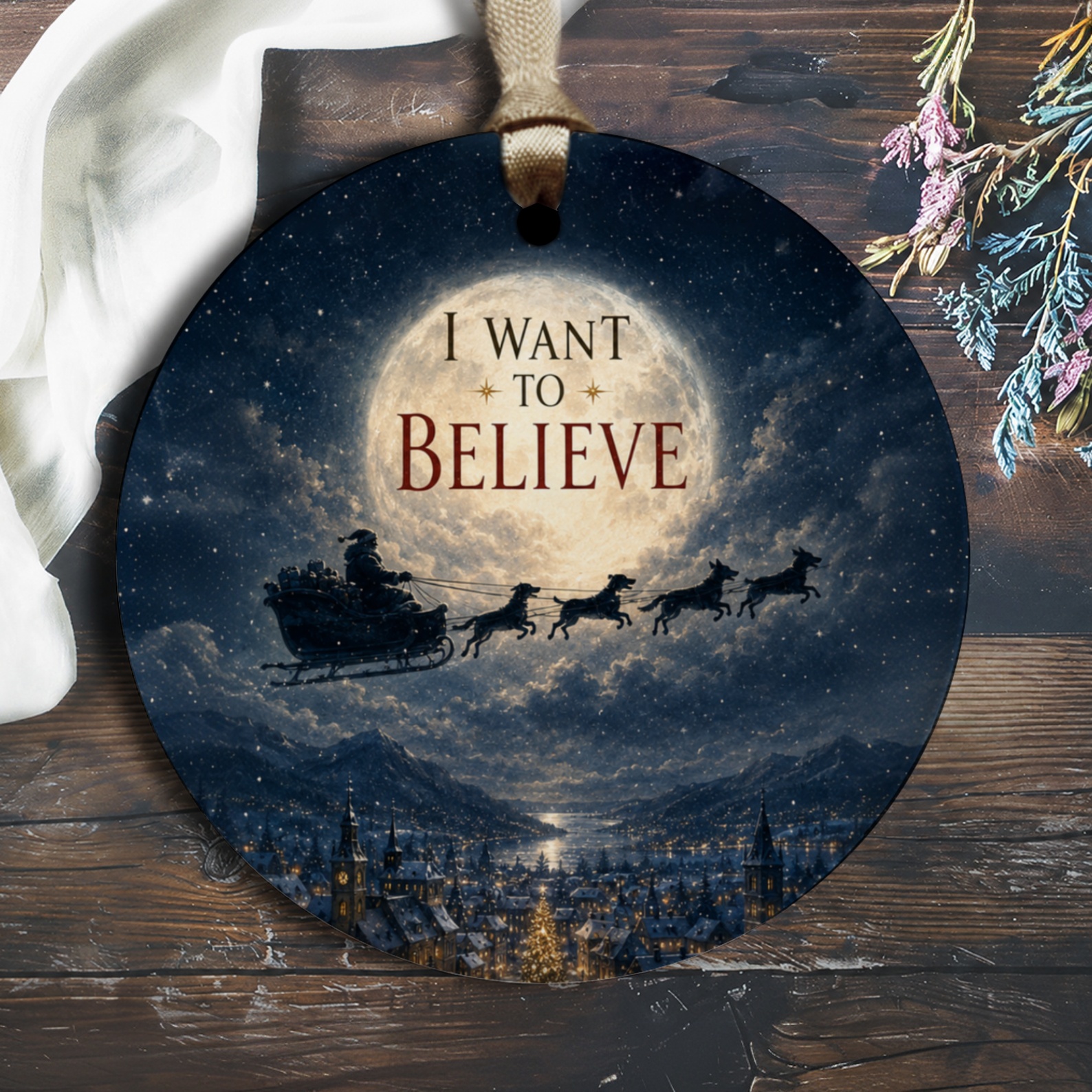 I Want To Believe Christmas Ornament Santa Sleigh Reindeer Moonlit Night Holiday Decor Festive Winter Decoration Gift O1616