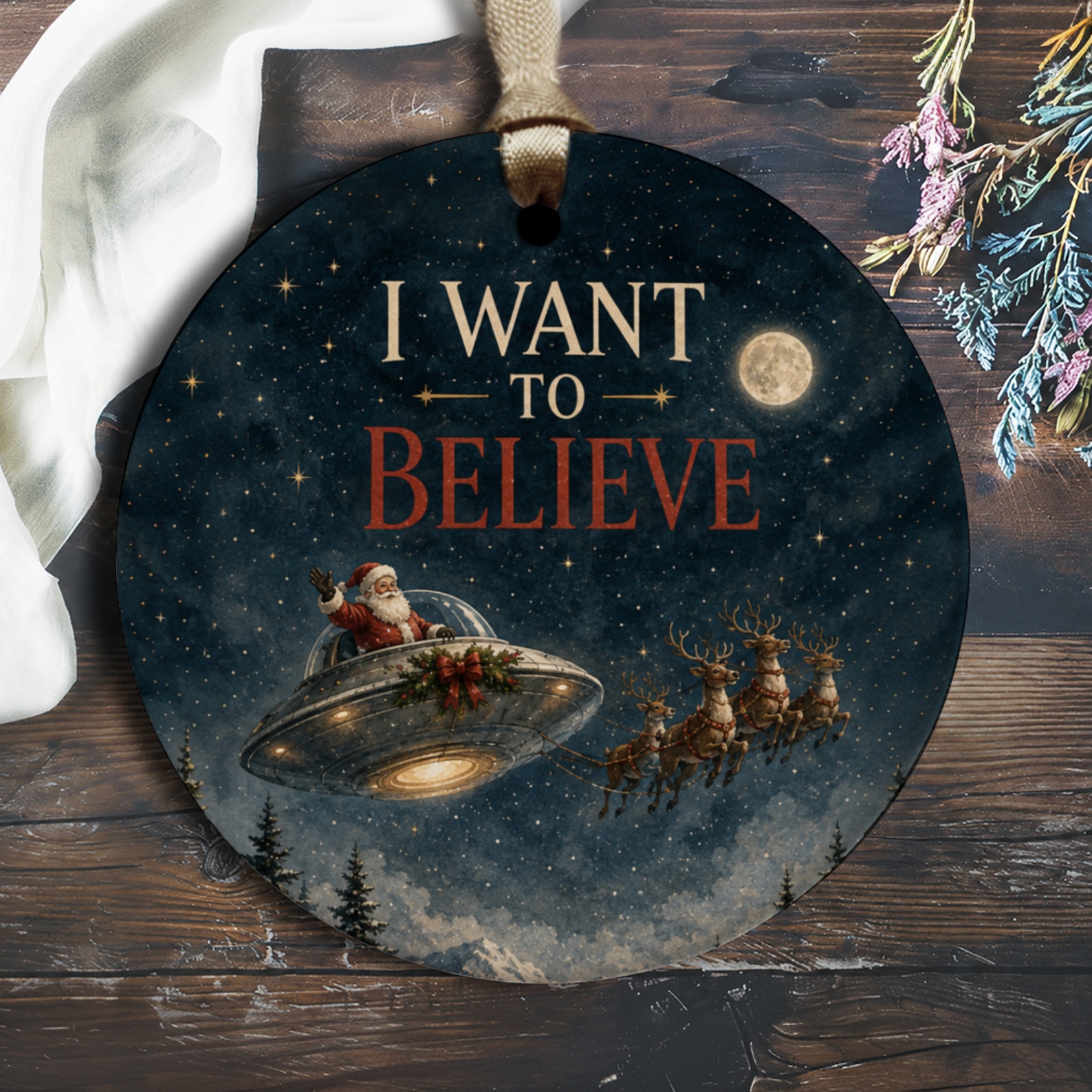 I Want To Believe Christmas Ornament Santa Ufo Reindeer Holiday Decor Funny Alien Theme Xmas Tree Decoration O1621
