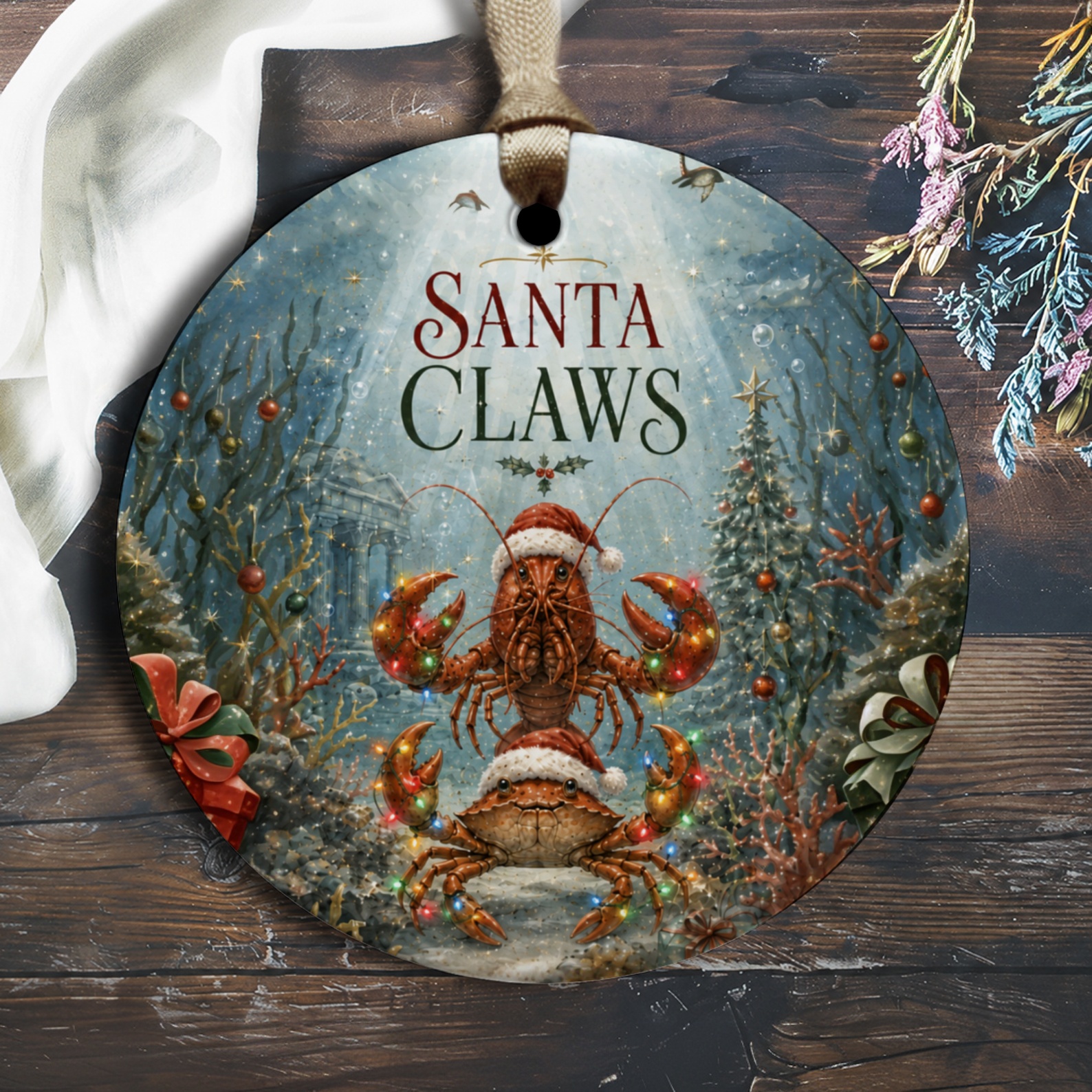 Santa Claws Christmas Ornament Funny Lobster Santa Hat Holiday Decor Cute Sea Life Festive Tree Decoration Gift O1633