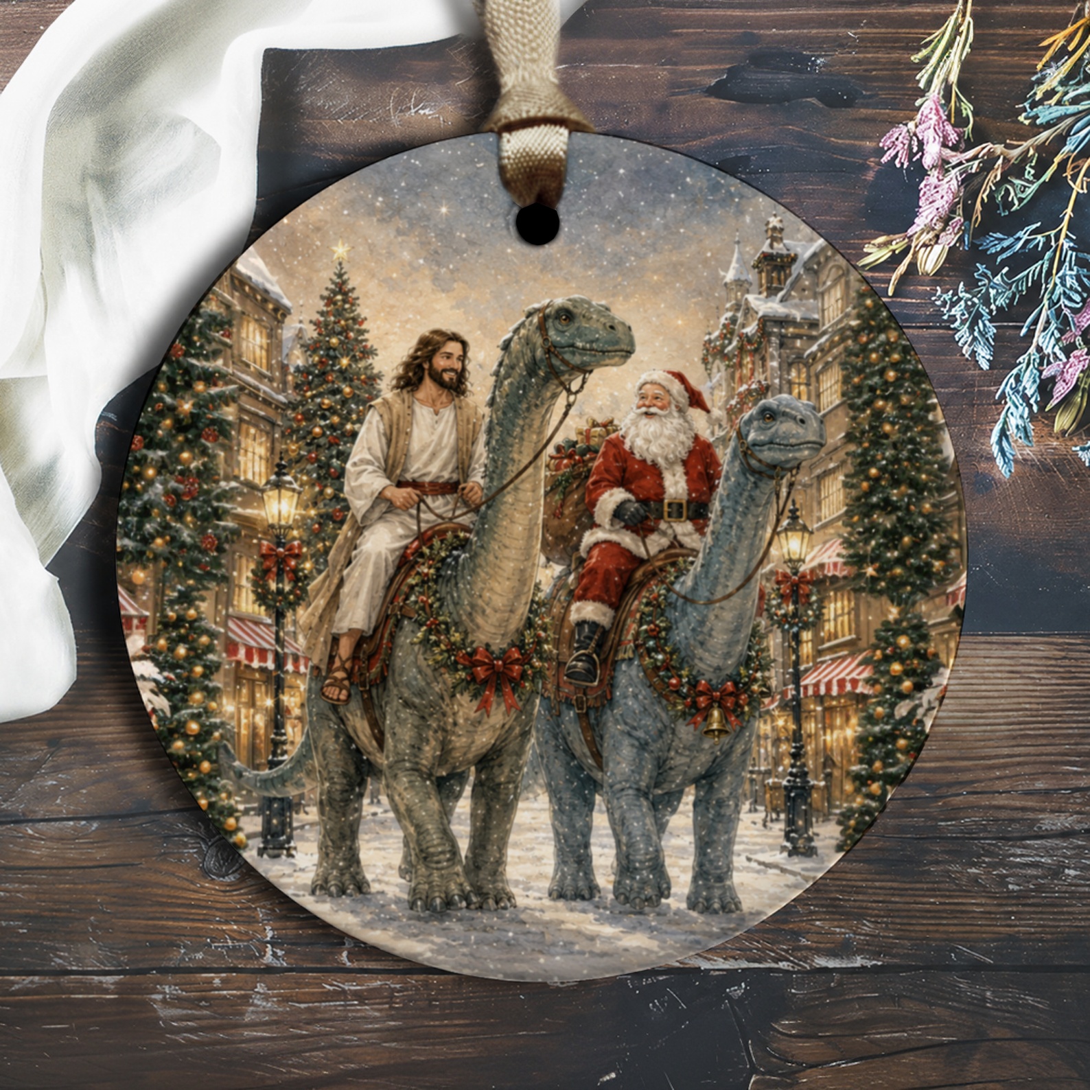 Santa And Jesus Dinosaur Ornament Christmas Decor Unique Holiday Decoration Festive Tree Ornament Winter Wonderland Scene O1635