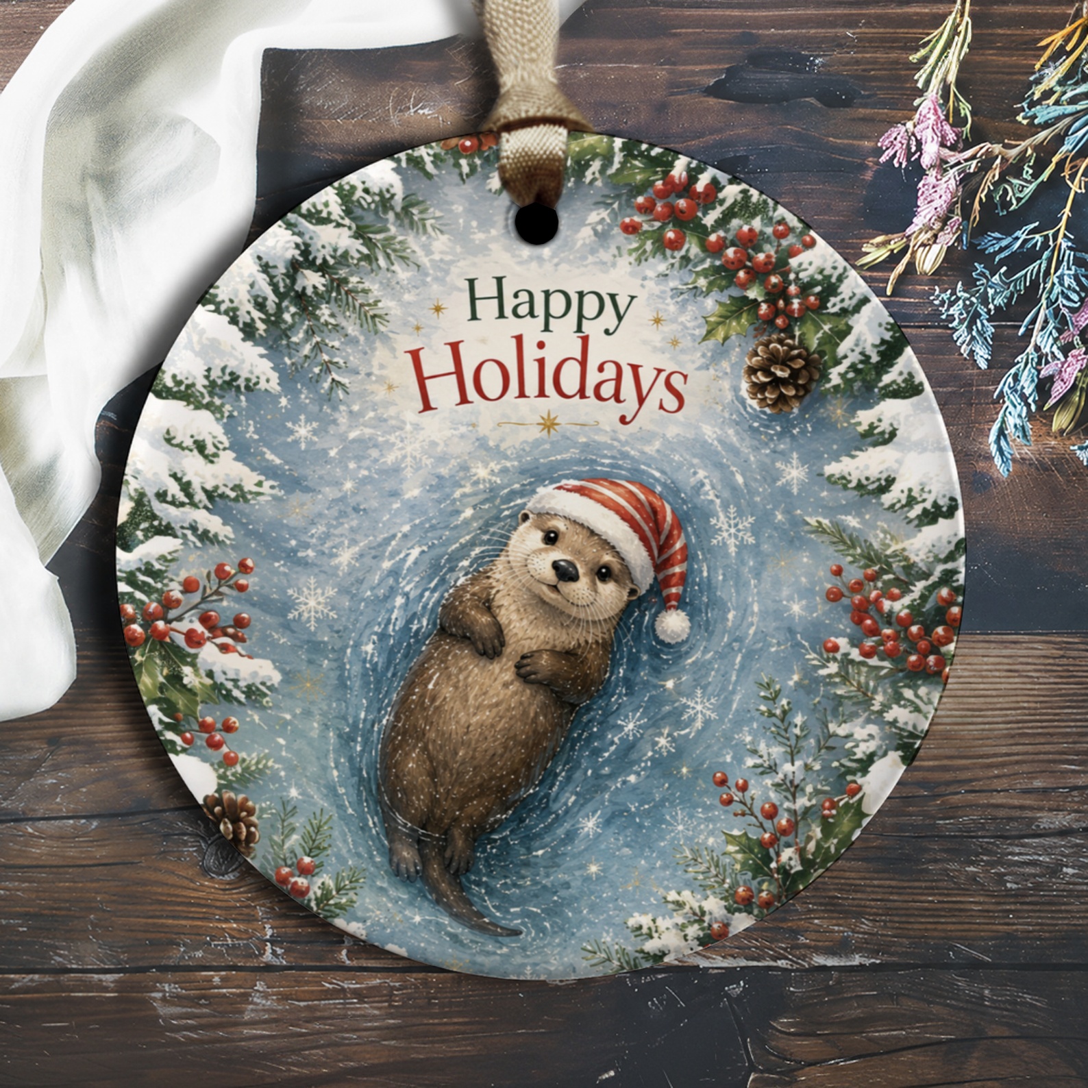 Happy Holidays Christmas Ornament Cute Otter In Santa Hat Winter Decor Festive Holiday Decoration Gift For Animal Lover O1636
