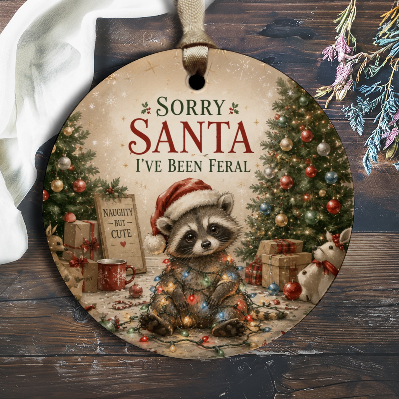 Sorry Santa I've Been Feral Christmas Ornament Cute Raccoon Holiday Decor Funny Animal Tree Decoration Gift O1639