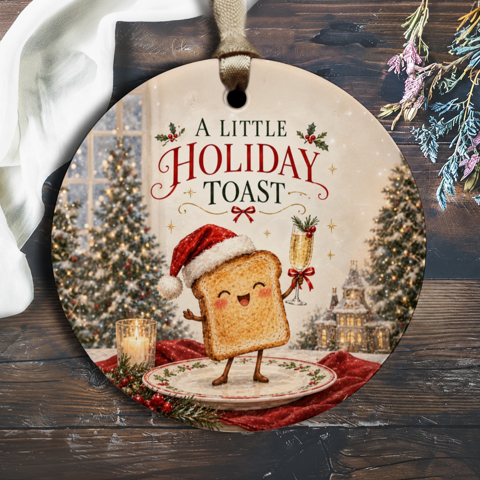 A Little Holiday Toast Christmas Ornament Cute Holiday Decor Toast With Santa Hat Festive Tree Decoration Winter Cheer O1645