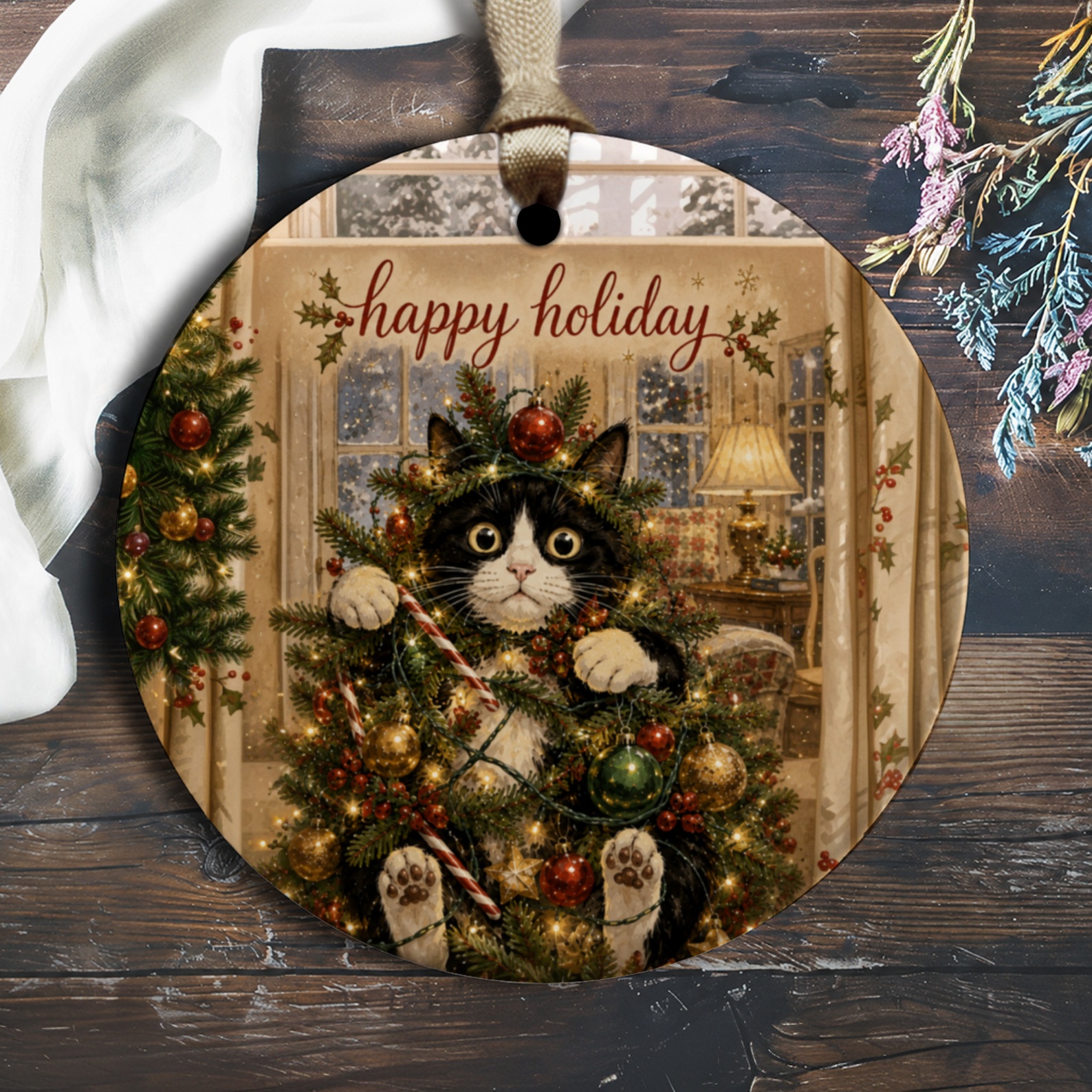 Happy Holiday Cat Ornament Christmas Tree Decoration Cute Cat Lover Gift Festive Holiday Decor Adorable Kitty Ornament O1650