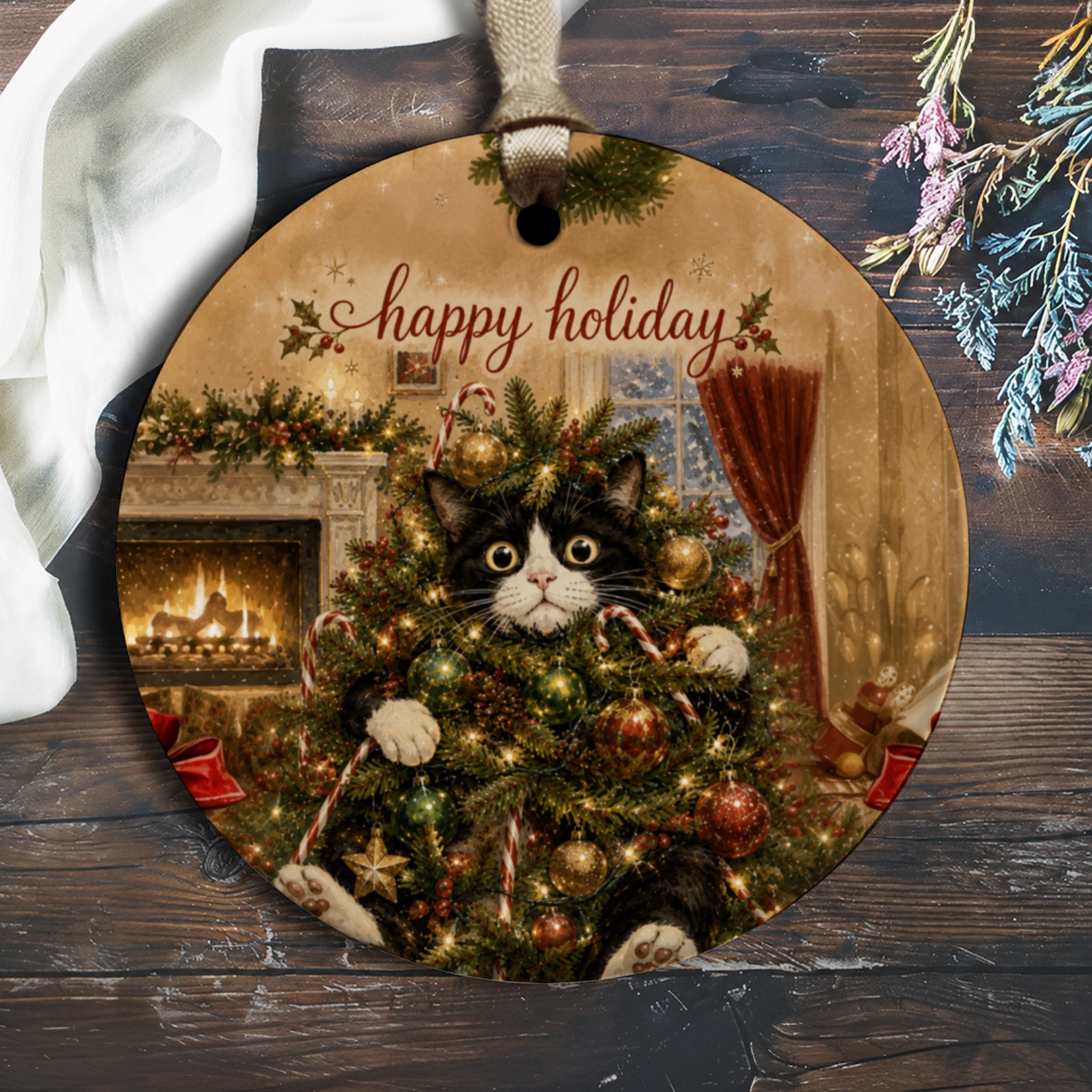 Happy Holiday Cat Ornament Christmas Tree Decoration Cute Festive Kitty Home Decor Holiday Gift For Cat Lovers O1651