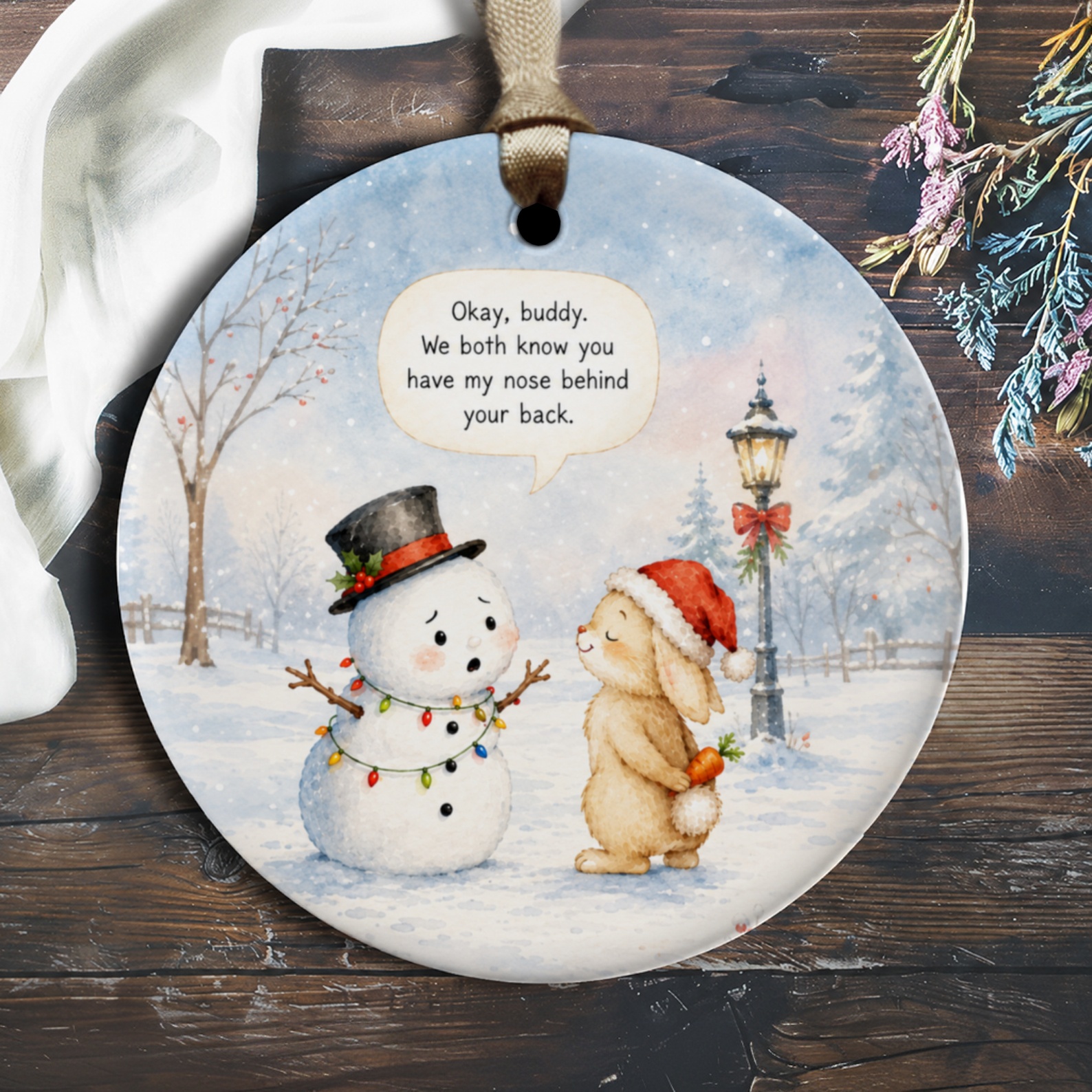 Okay, Buddy Snowman And Bunny Ornament Funny Christmas Decor Cute Winter Scene Holiday Gift Idea O1654