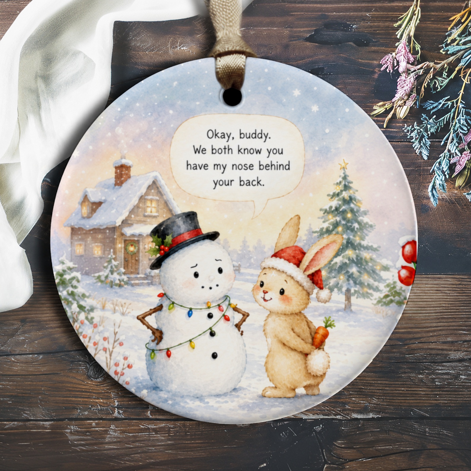 Okay, Buddy Snowman And Bunny Christmas Ornament Cute Winter Scene Holiday Decor Funny Gift Idea O1655