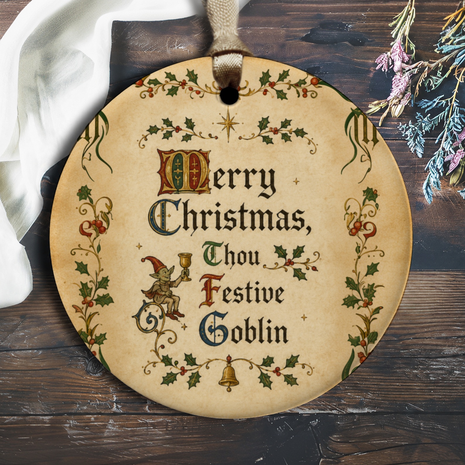 Merry Christmas, Thou Festive Goblin Ornament Vintage Style Christmas Decoration Holiday Decor Gift O1659