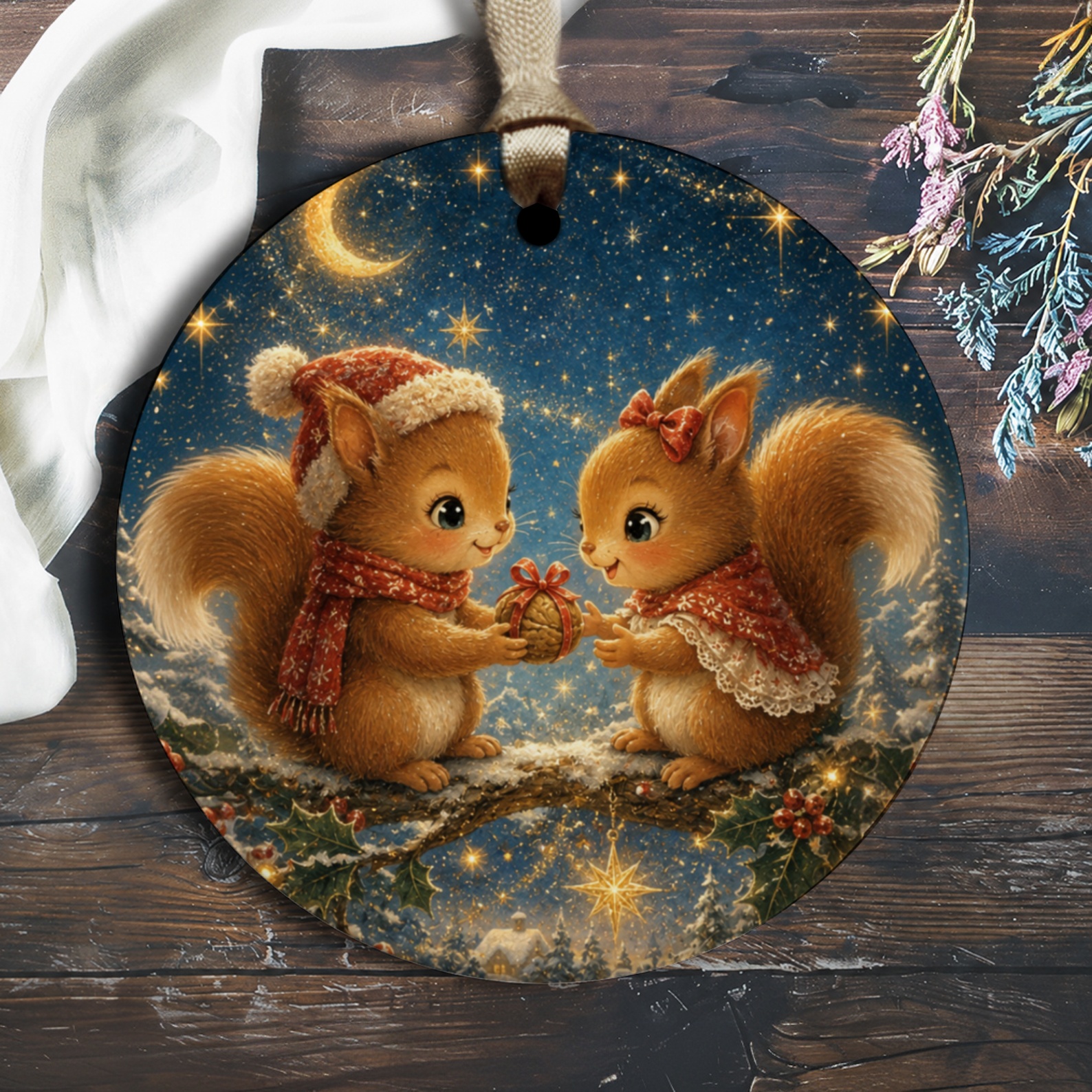Cute Squirrels Christmas Ornament Holiday Decor Woodland Animal Lovers Winter Scene Festive Gift Exchange Adorable Decoration O1664