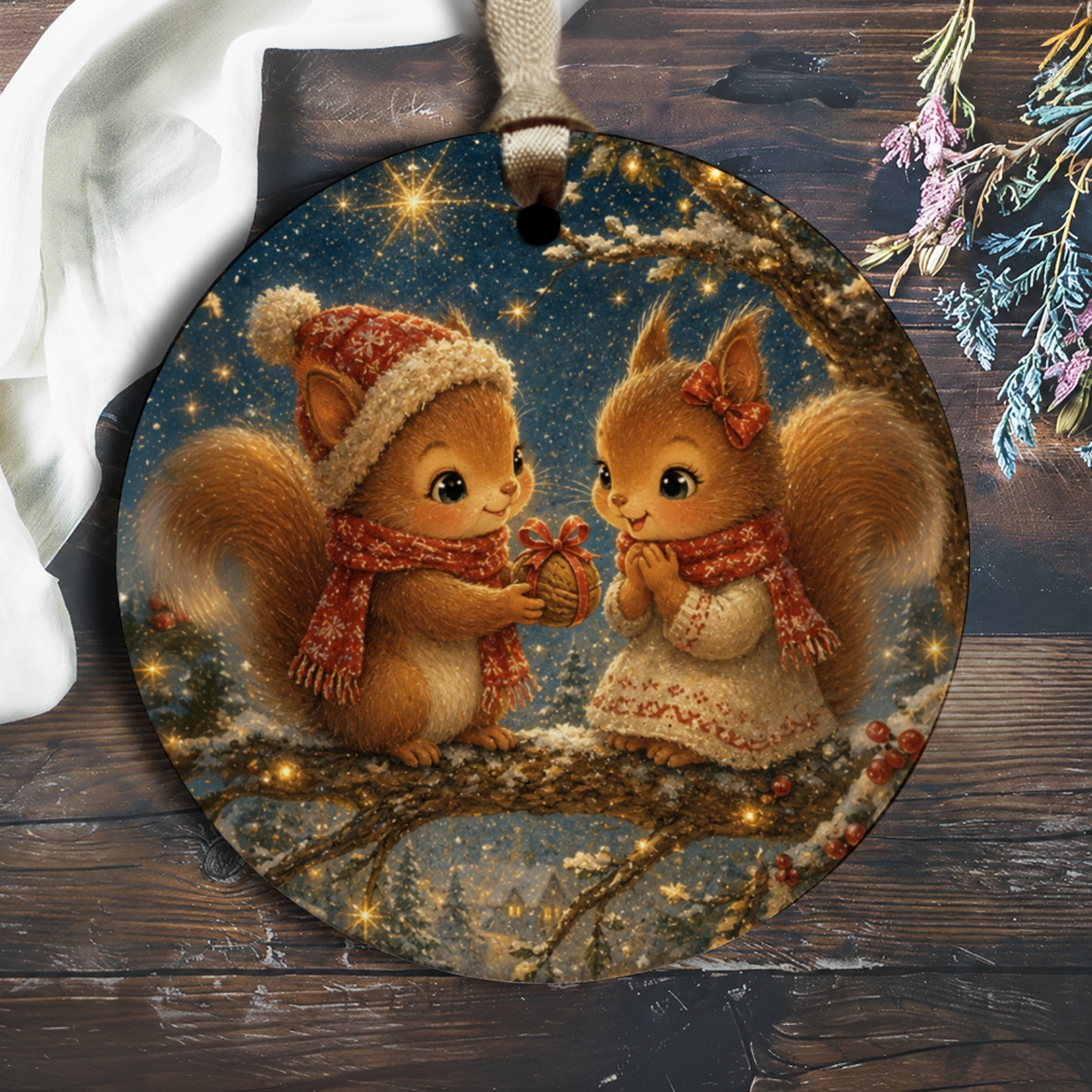 Cute Squirrel Couple Christmas Ornament Winter Holiday Decor Adorable Animal Lovers Gift Woodland Scene Festive Tree Decoration O1665