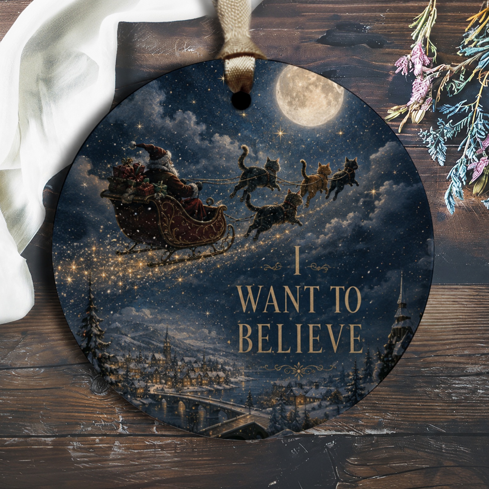 I Want To Believe Christmas Ornament Santa Cats Sleigh Holiday Decor Festive Winter Wonderland Gift For Cat Lovers O1670