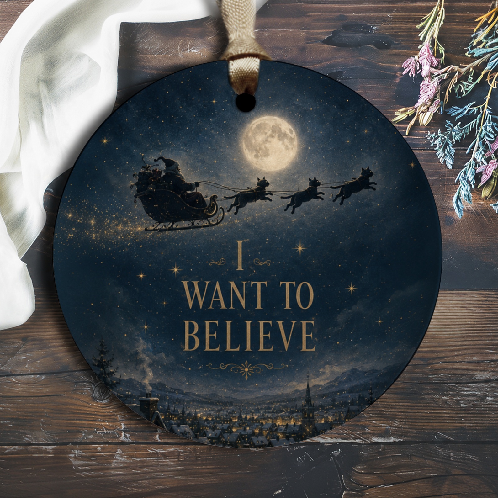 I Want To Believe Christmas Ornament Santa Sleigh Reindeer Moon Holiday Decor Festive Winter Decoration Gift O1671