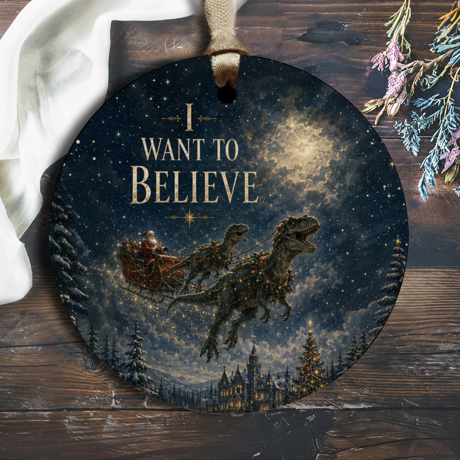 I Want To Believe Christmas Ornament Santa Dinosaur Sleigh Holiday Decor Unique Xmas Tree Decoration Festive Winter Scene O1672