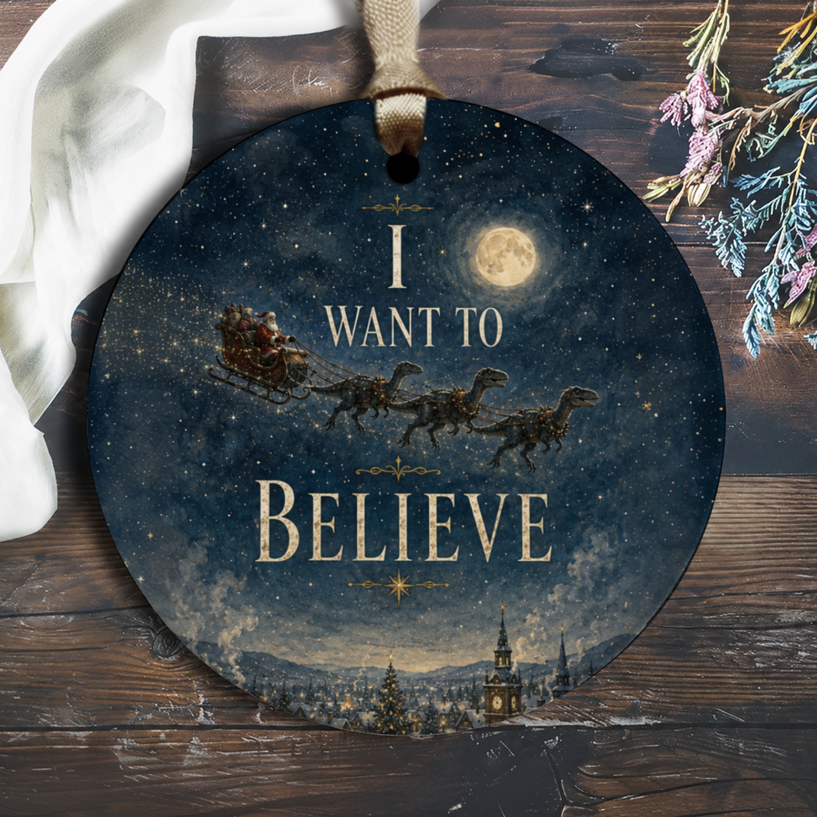 I Want To Believe Christmas Ornament Santa Dinosaur Sleigh Night Sky Holiday Decor Unique Festive Decoration O1673