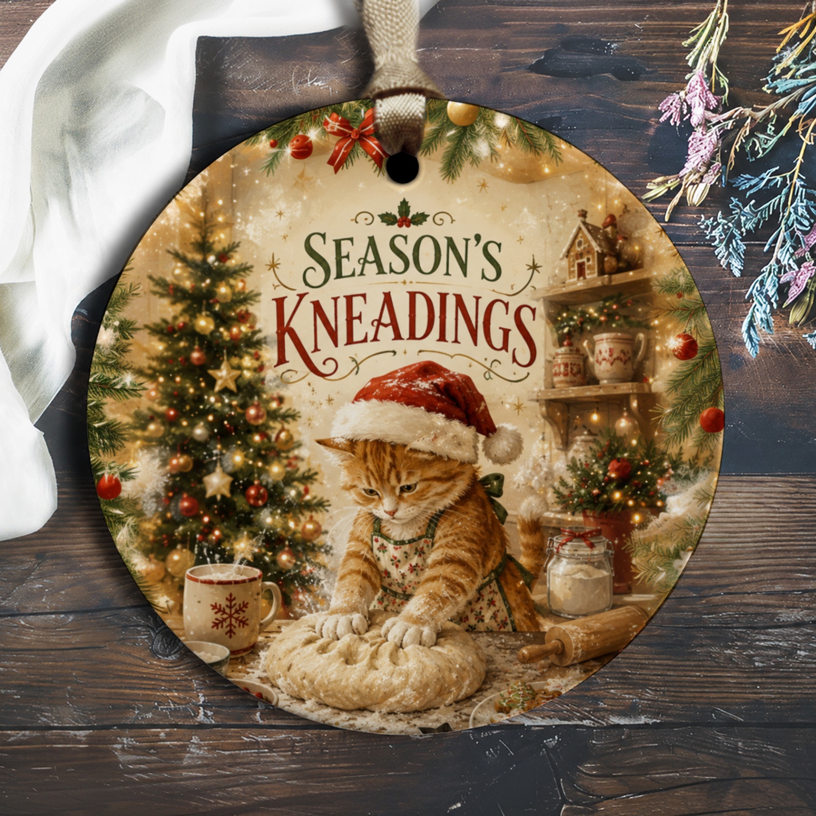 Season's Kneadings Christmas Ornament Cute Cat Baking Holiday Decor Festive Tree Decoration Gift For Cat Lover O1677