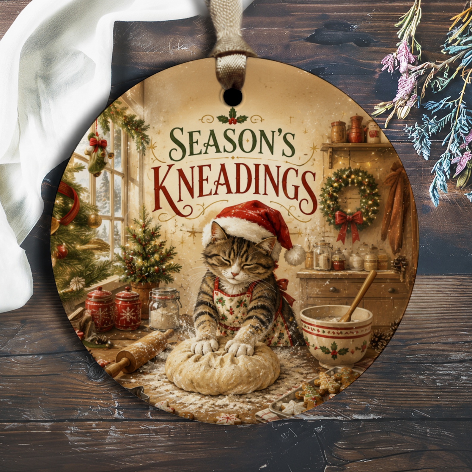 Season's Kneadings Christmas Ornament Cat Baking Holiday Decor Cute Festive Kitchen Decor Gift For Cat Lover O1678