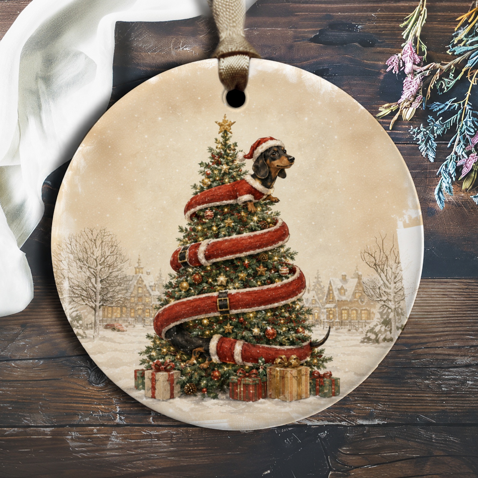 Dachshund Wrapped Christmas Tree Ornament Cute Dog Holiday Decor Festive Pet Lover Gift Winter Scene Xmas Decoration O1679